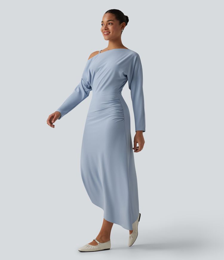 One Shoulder Long Sleeve Asymmetric Hem Maxi Casual Dress