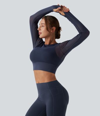 Top corto da yoga 2 in 1 con foro per Pollice e contrasto per maniche lunghe