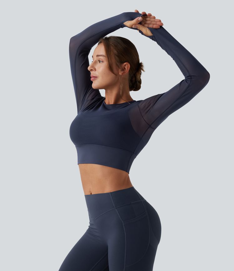 Top corto da yoga 2 in 1 con foro per Pollice e contrasto per maniche lunghe