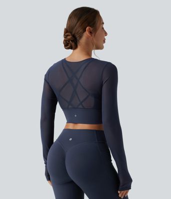 Top corto da yoga 2 in 1 con foro per Pollice e contrasto per maniche lunghe