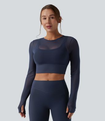 Top corto da yoga 2 in 1 con foro per Pollice e contrasto per maniche lunghe