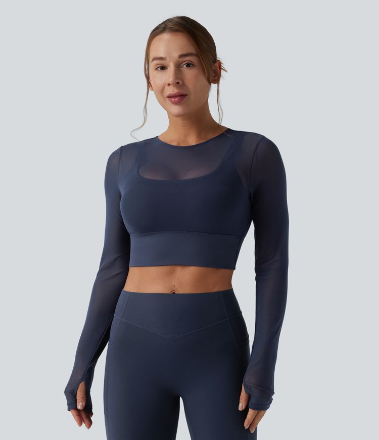 Top corto da yoga 2 in 1 con foro per Pollice e contrasto per maniche lunghe