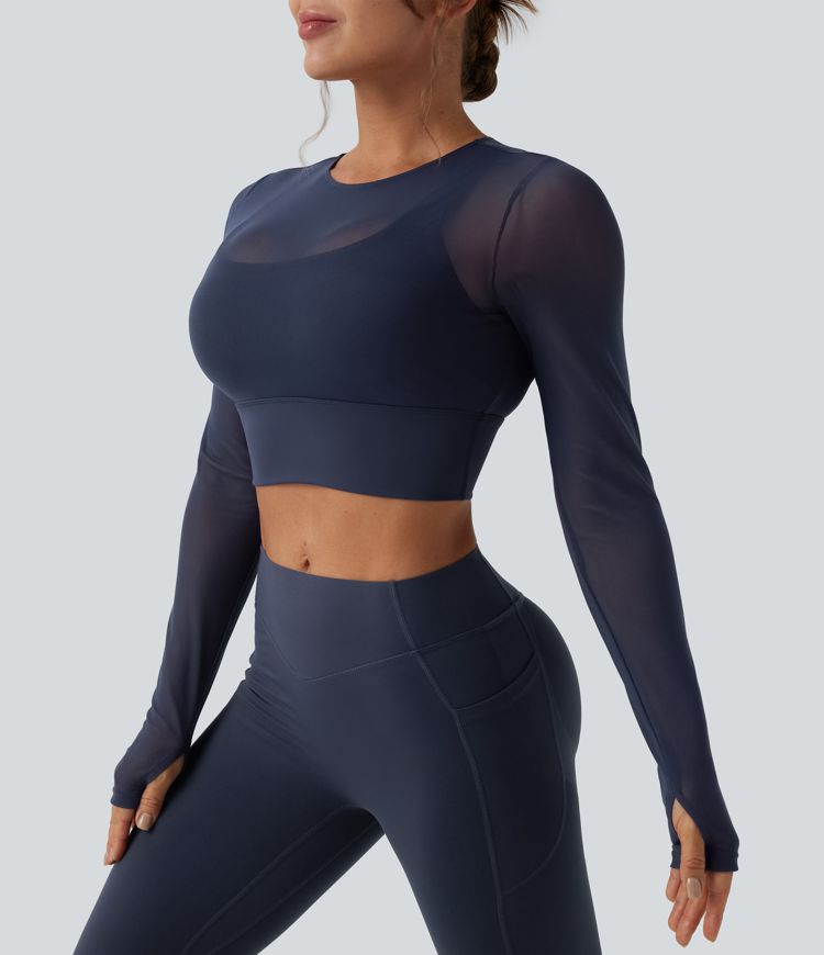 Top corto da yoga 2 in 1 con foro per Pollice e contrasto per maniche lunghe