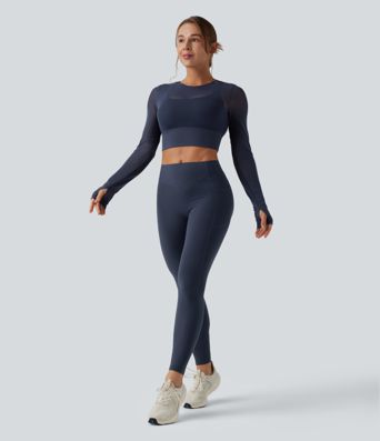 Top corto da yoga 2 in 1 con foro per Pollice e contrasto per maniche lunghe