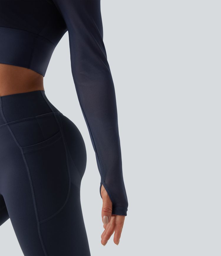 Top corto da yoga 2 in 1 con foro per Pollice e contrasto per maniche lunghe