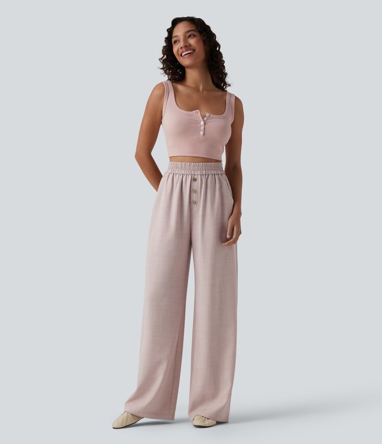 High Waisted Wide Leg Casual Trousers with Pockets