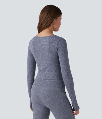 OneForm Seamless Flow V Neck Long Sleeve Thumb Hole Cropped Yoga Sports Top