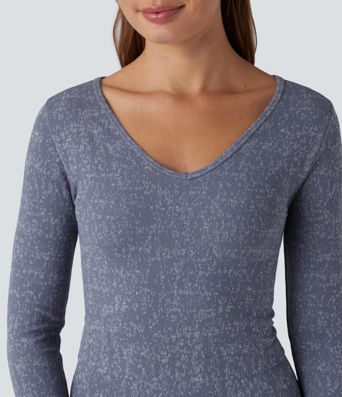 OneForm Seamless Flow V Neck Long Sleeve Thumb Hole Cropped Yoga Sports Top