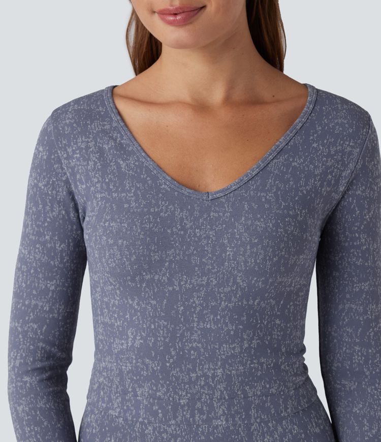 OneForm Seamless Flow V Neck Long Sleeve Thumb Hole Cropped Yoga Sports Top