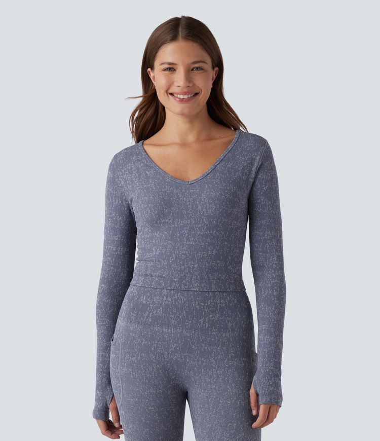 OneForm Seamless Flow V Neck Long Sleeve Thumb Hole Cropped Yoga Sports Top