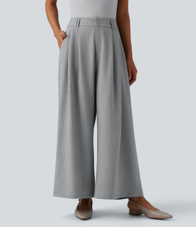 High Waisted Pleated 7/8 Linen-Feel Work Baggy Pants with Pockets