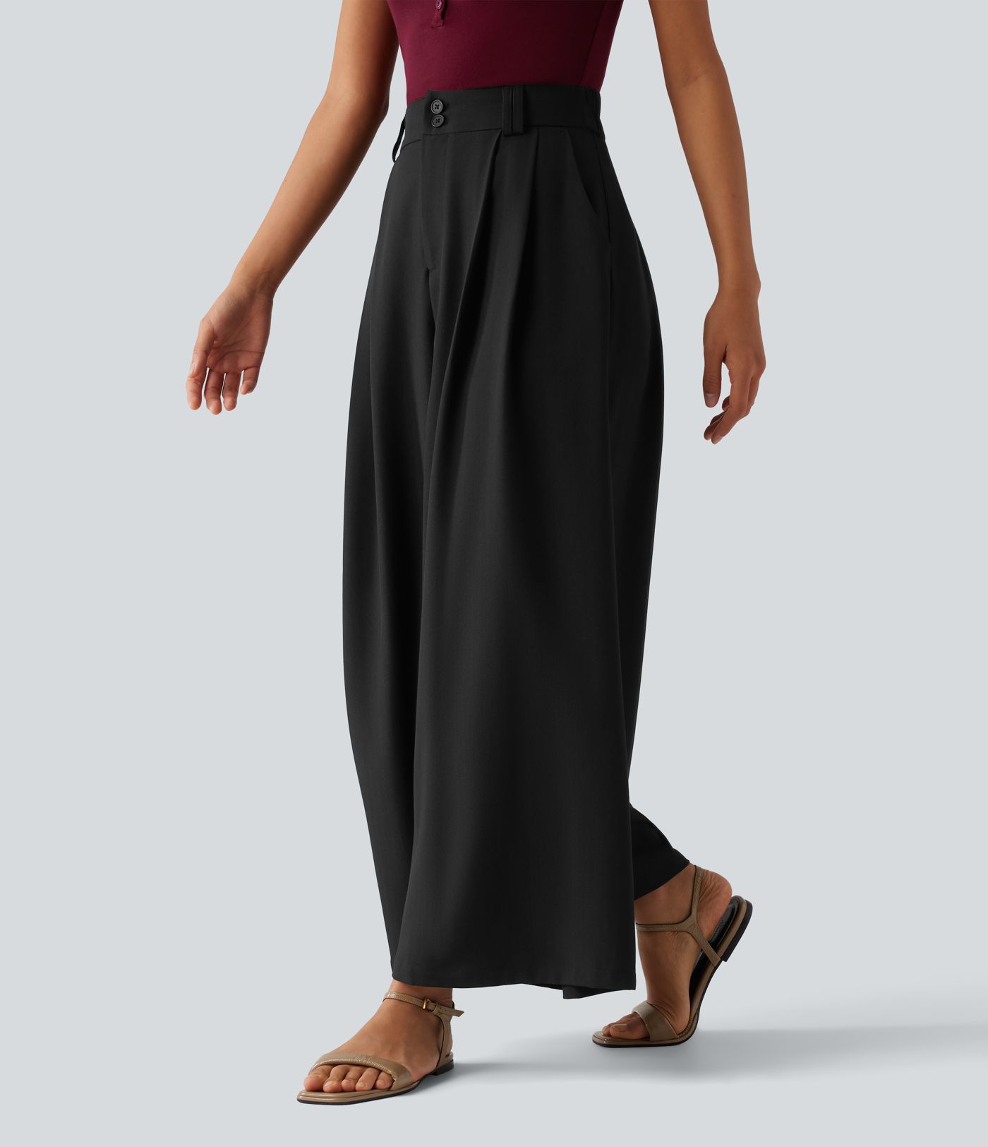 Pantalon tailleur 7/8 large plissé taille haute aspect lin avec poches