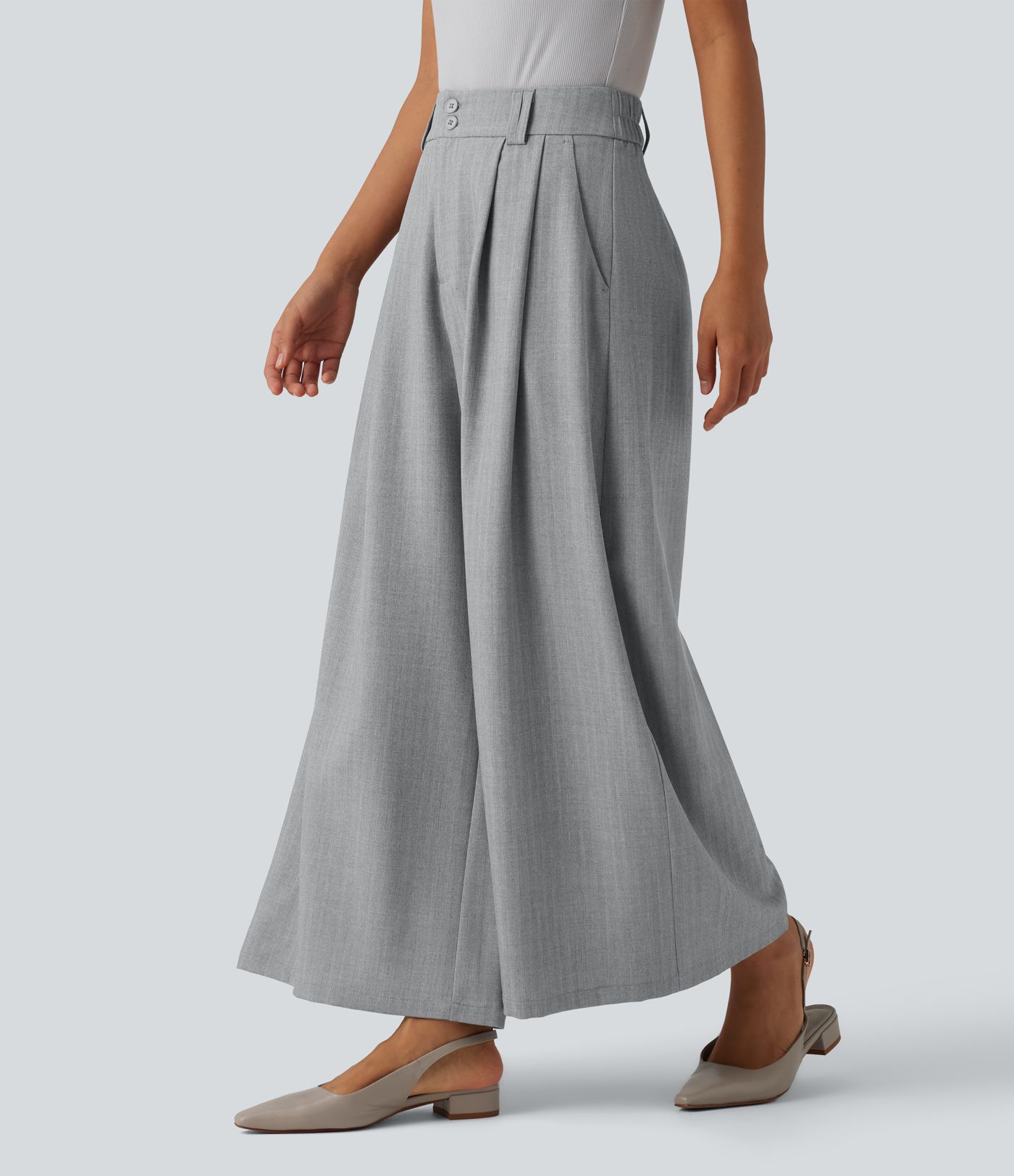 High Waisted Pleated 7/8 Linen-Feel Work Baggy Pants with Pockets