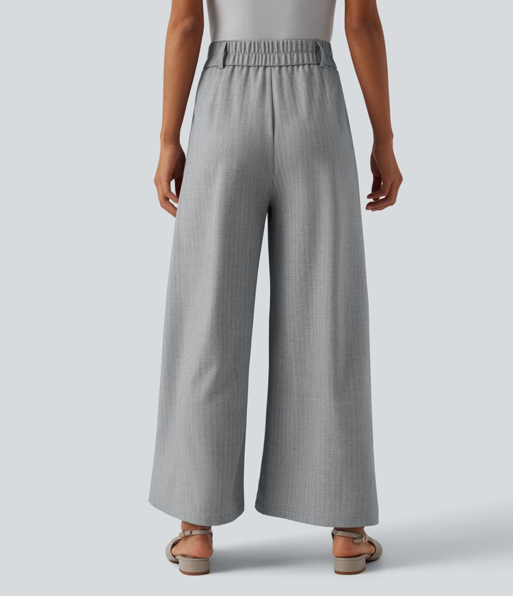 High Waisted Pleated 7/8 Linen-Feel Work Baggy Pants with Pockets