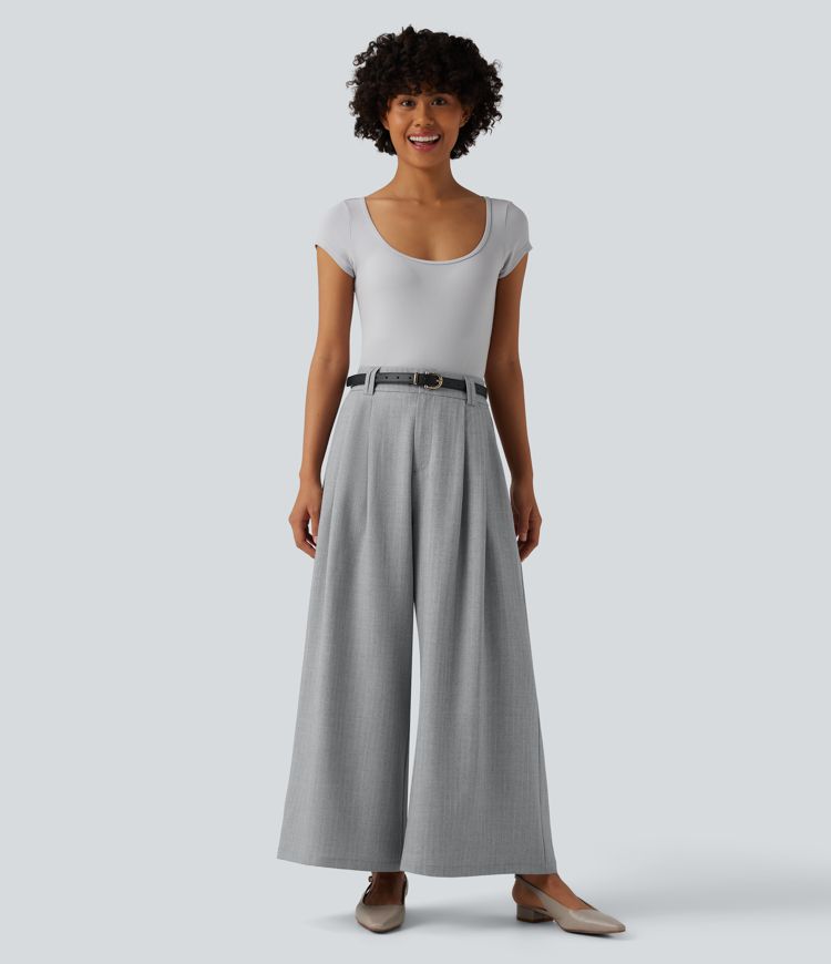 High Waisted Pleated 7/8 Linen-Feel Work Baggy Pants with Pockets