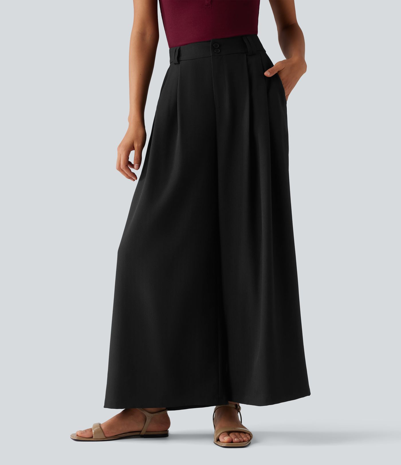 Pantalon tailleur 7/8 large plissé taille haute aspect lin avec poches