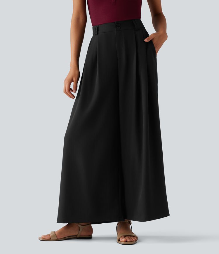 Pantalon tailleur 7/8 large plissé taille haute aspect lin avec poches