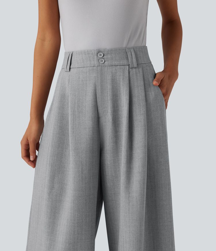 High Waisted Pleated 7/8 Linen-Feel Work Baggy Pants with Pockets