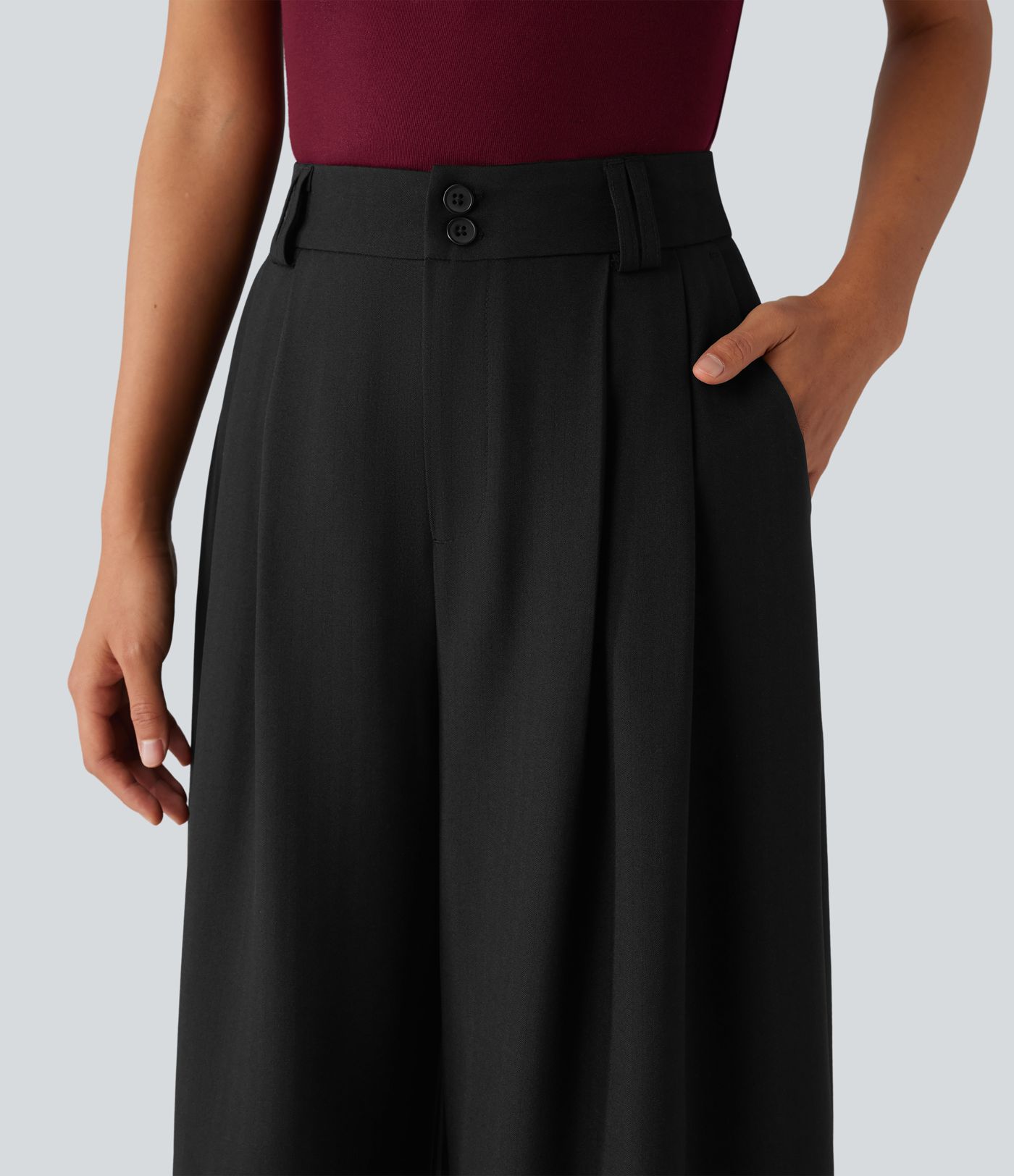 Pantalon tailleur 7/8 large plissé taille haute aspect lin avec poches