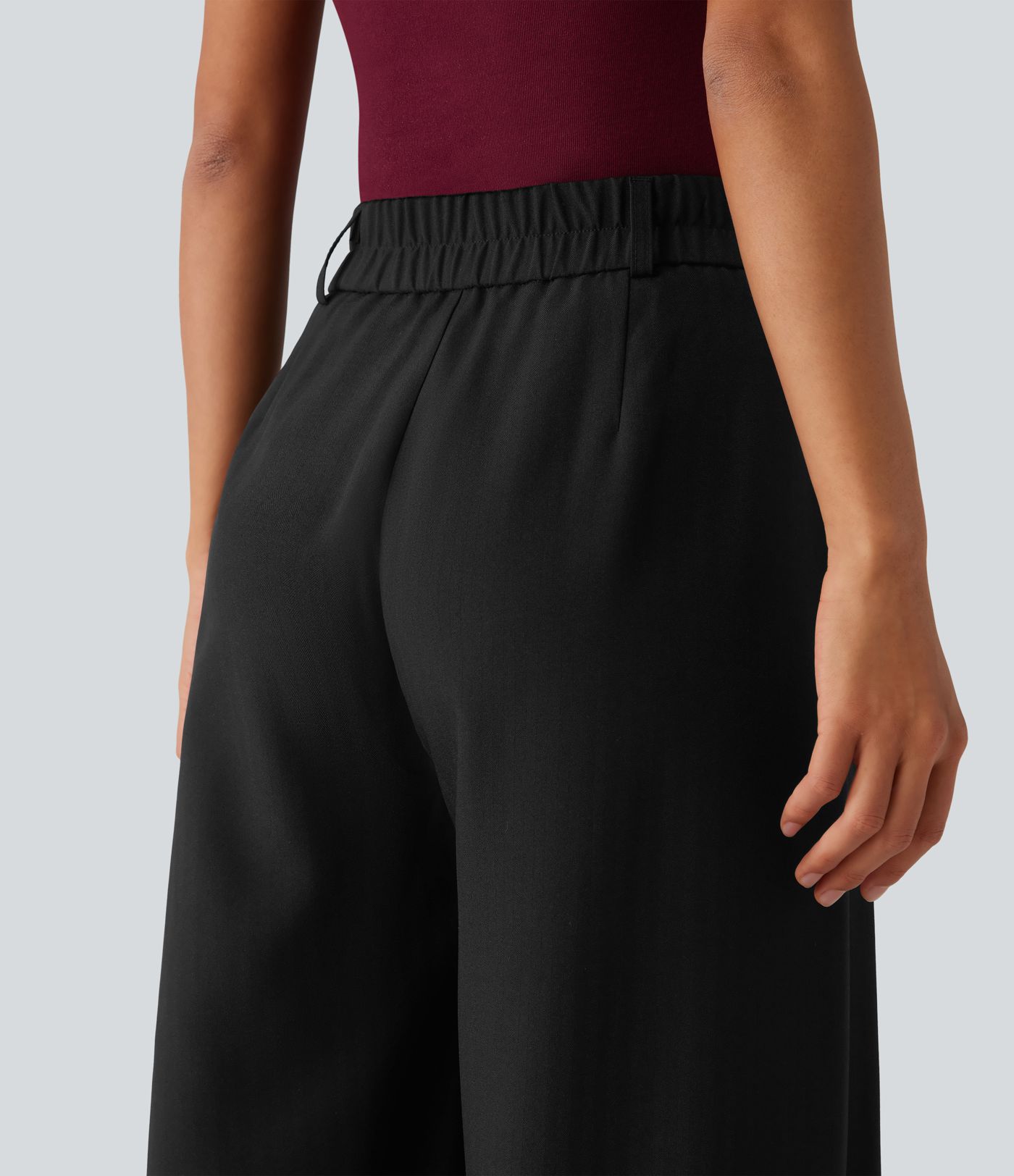 Pantalon tailleur 7/8 large plissé taille haute aspect lin avec poches