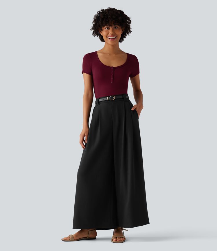 Pantalon tailleur 7/8 large plissé taille haute aspect lin avec poches