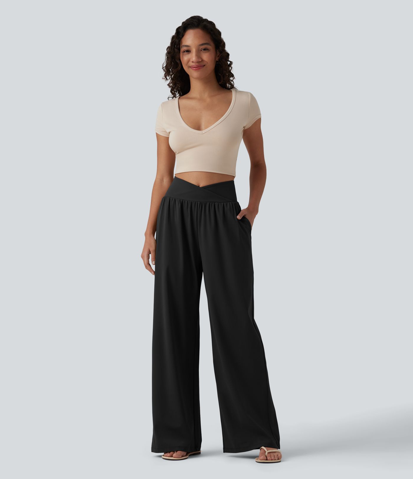 Pantalon ample décontracté SoftlyZero™ Airy taille haute croisé toucher frais avec poches