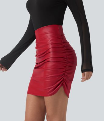 High Waisted Tummy Control Ruched Curved Hem 2-in-1 Fleece PU Mini Bodycon Party Skirt-Longer Length