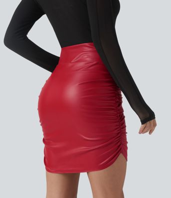 High Waisted Tummy Control Ruched Curved Hem 2-in-1 Fleece PU Mini Bodycon Party Skirt-Longer Length
