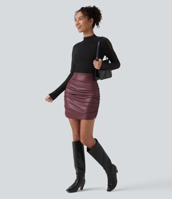 High Waisted Tummy Control Ruched Curved Hem 2-in-1 Fleece PU Mini Bodycon Party Skirt-Longer Length