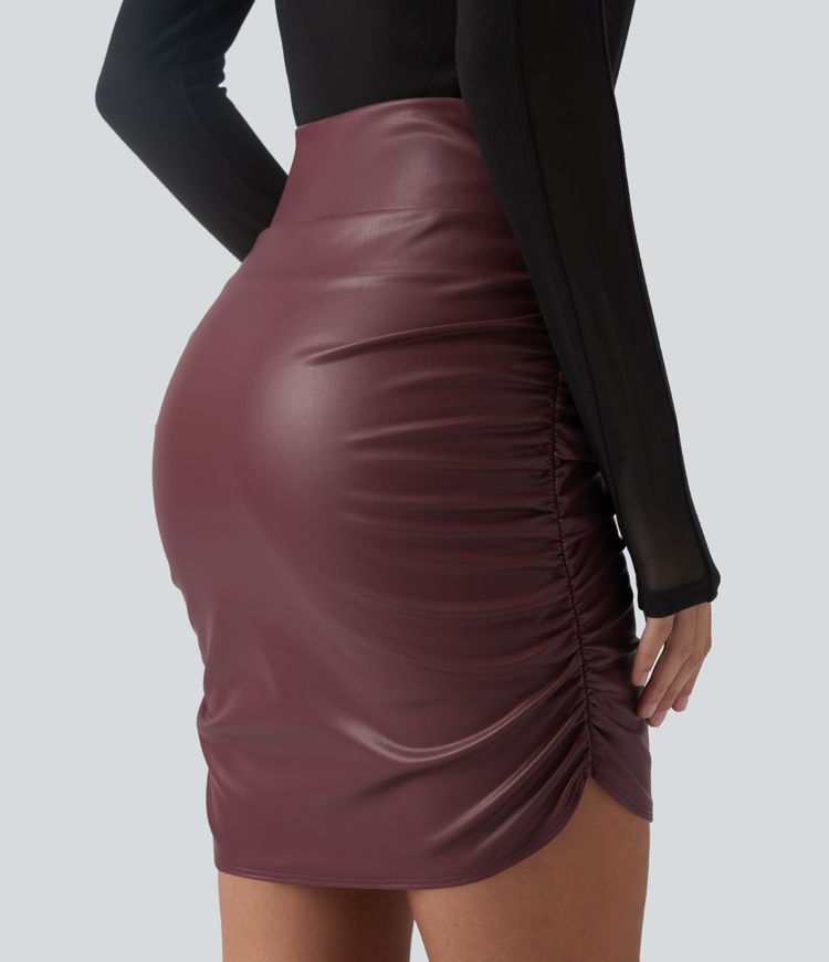 High Waisted Tummy Control Ruched Curved Hem 2-in-1 Fleece PU Mini Bodycon Party Skirt-Longer Length