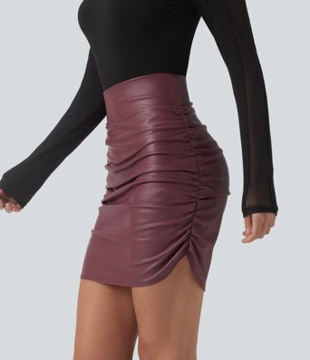High Waisted Tummy Control Ruched Curved Hem 2-in-1 Fleece PU Mini Bodycon Party Skirt-Longer Length