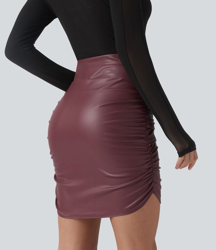 High Waisted Tummy Control Ruched Curved Hem 2-in-1 Fleece PU Mini Bodycon Party Skirt-Longer Length
