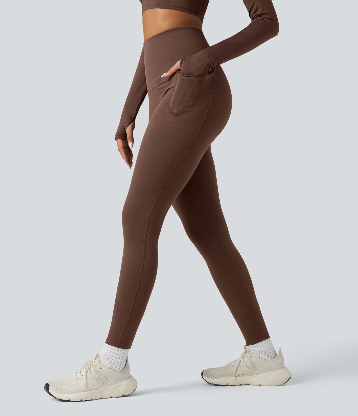Halara Ultrasculpt™ Heat High Waisted Tummy Control Crossover Back Fleece Running Leggings with Pockets