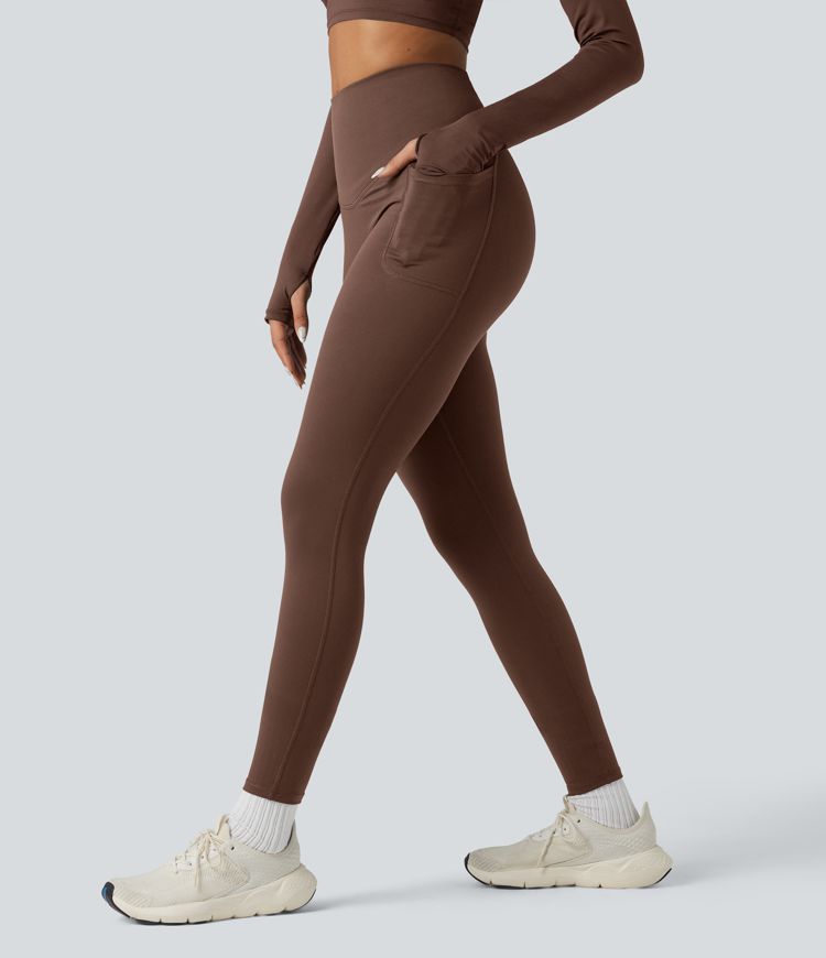 Halara Ultrasculpt™ Heat High Waisted Tummy Control Crossover Back Fleece Running Leggings with Pockets