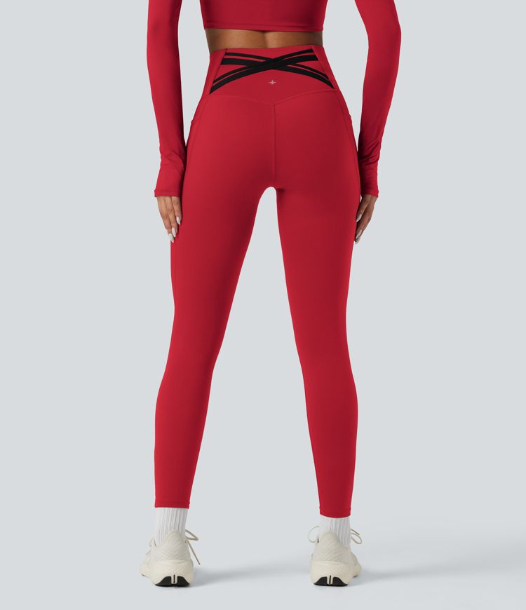 Halara Ultrasculpt™ Heat High Waisted Tummy Control Crossover Back Fleece Running Leggings with Pockets