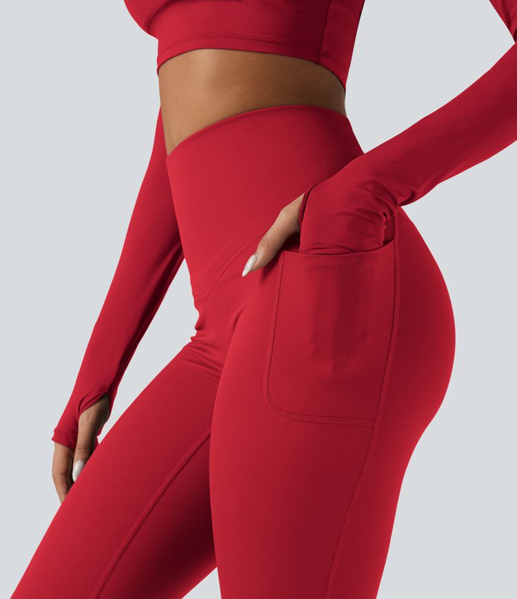 Halara Ultrasculpt™ Heat High Waisted Tummy Control Crossover Back Fleece Running Leggings with Pockets