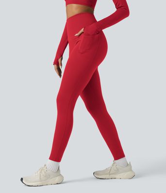 Halara Ultrasculpt™ Heat High Waisted Tummy Control Crossover Back Fleece Running Leggings with Pockets