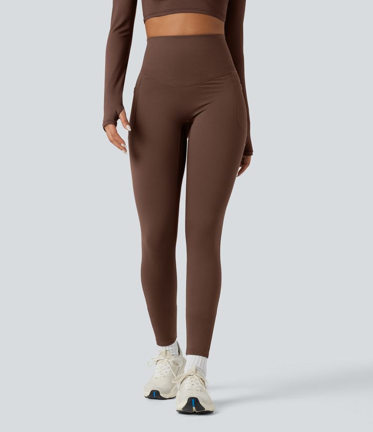 Halara Ultrasculpt™ Heat High Waisted Tummy Control Crossover Back Fleece Running Leggings with Pockets