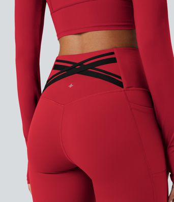 Halara Ultrasculpt™ Heat High Waisted Tummy Control Crossover Back Fleece Running Leggings with Pockets