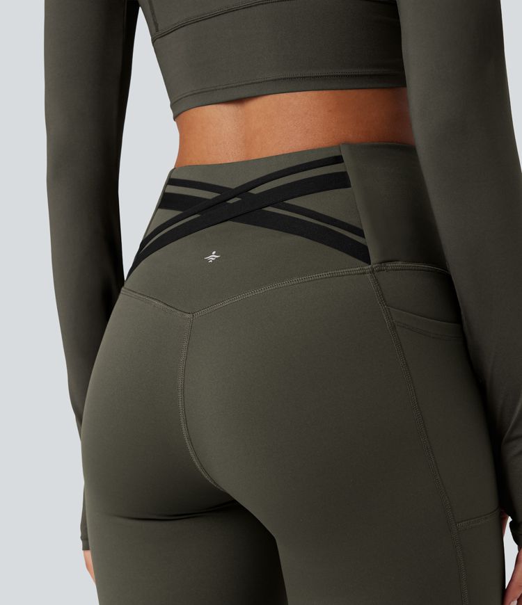 Halara Ultrasculpt™ Heat High Waisted Tummy Control Crossover Back Fleece Running Leggings with Pockets