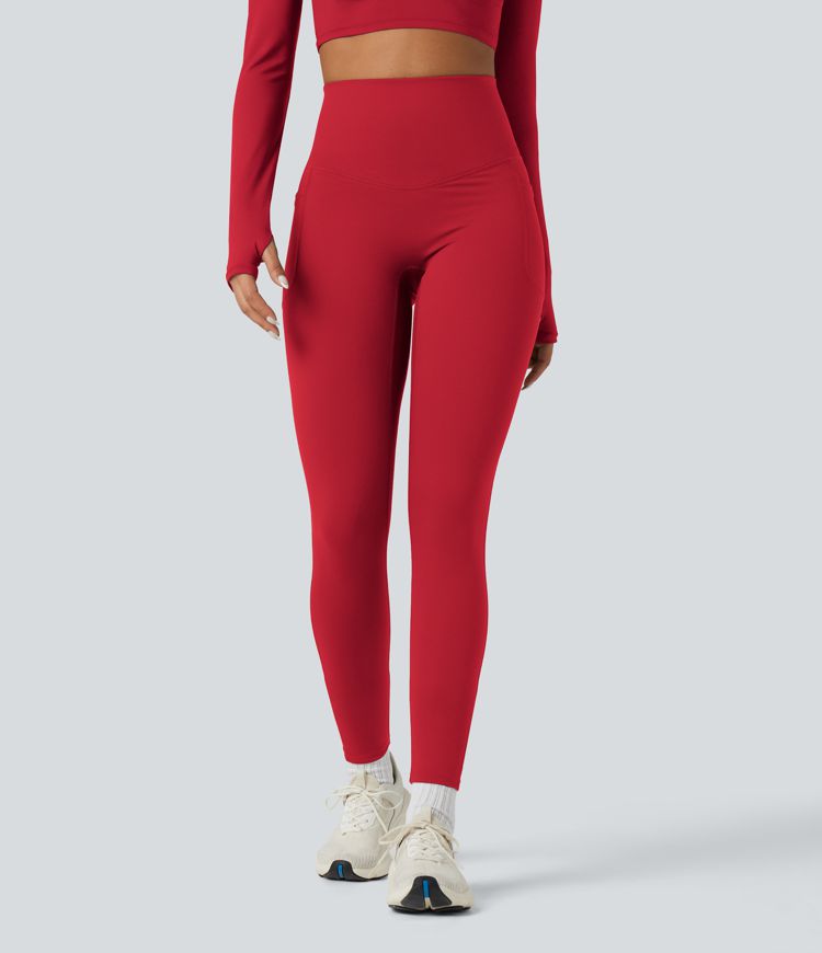 Halara Ultrasculpt™ Heat High Waisted Tummy Control Crossover Back Fleece Running Leggings with Pockets