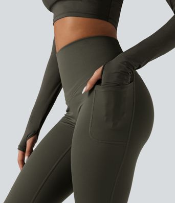 Halara Ultrasculpt™ Heat High Waisted Tummy Control Crossover Back Fleece Running Leggings with Pockets