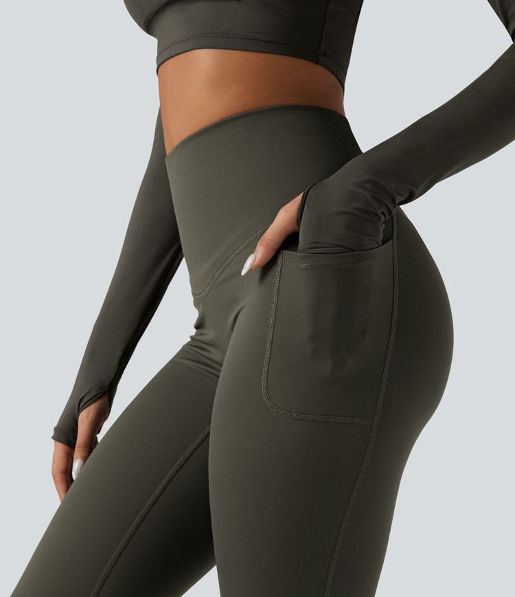 Halara Ultrasculpt™ Heat High Waisted Tummy Control Crossover Back Fleece Running Leggings with Pockets
