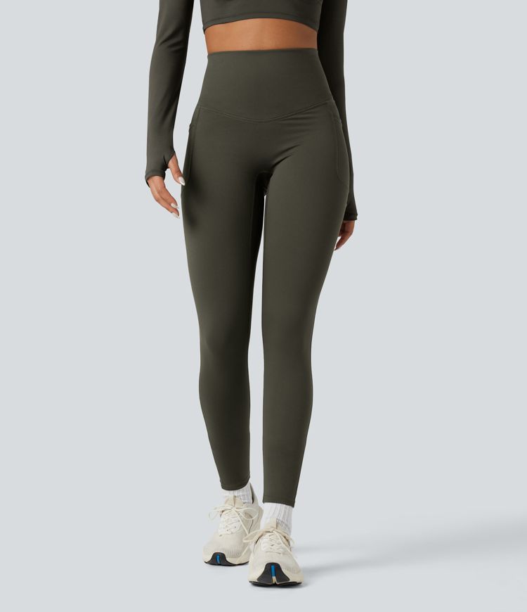 Halara Ultrasculpt™ Heat High Waisted Tummy Control Crossover Back Fleece Running Leggings with Pockets