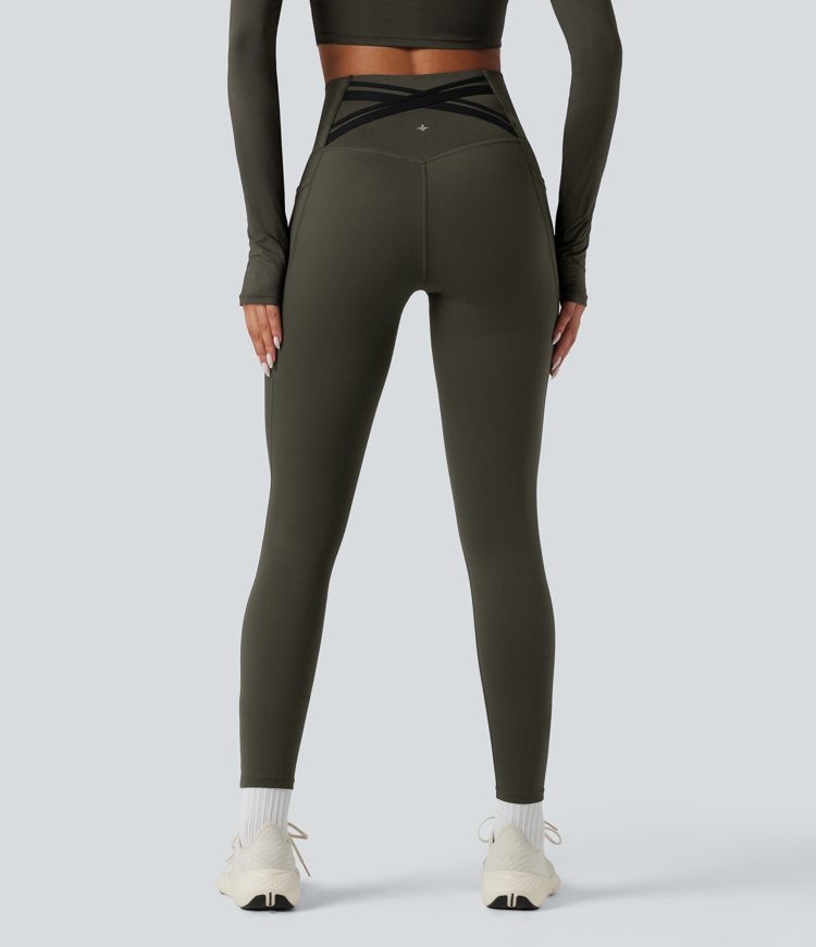 Halara Ultrasculpt™ Heat High Waisted Tummy Control Crossover Back Fleece Running Leggings with Pockets