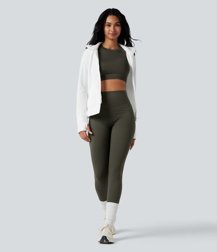 Halara Ultrasculpt™ Heat High Waisted Tummy Control Crossover Back Fleece Running Leggings with Pockets