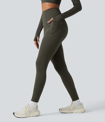 Halara Ultrasculpt™ Heat High Waisted Tummy Control Crossover Back Fleece Running Leggings with Pockets