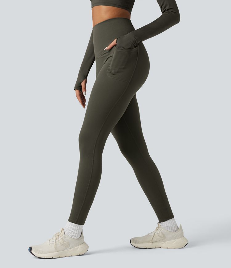 Halara Ultrasculpt™ Heat High Waisted Tummy Control Crossover Back Fleece Running Leggings with Pockets