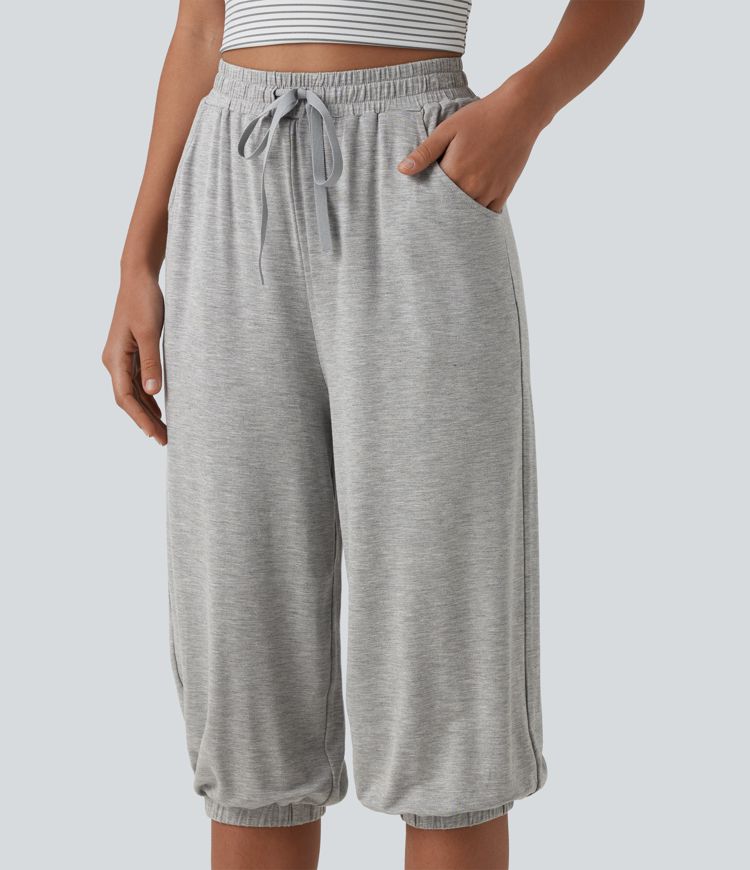 Joggers capri casuales de cintura alta con cordón y bolsillos