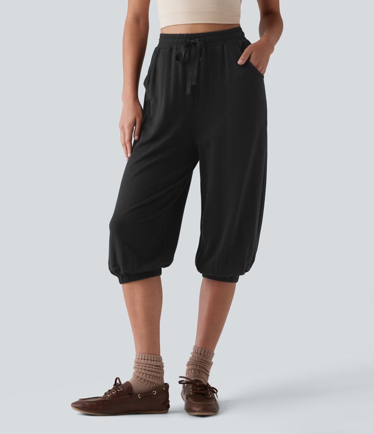 High Waisted Drawstring Capri Casual Joggers with Pockets